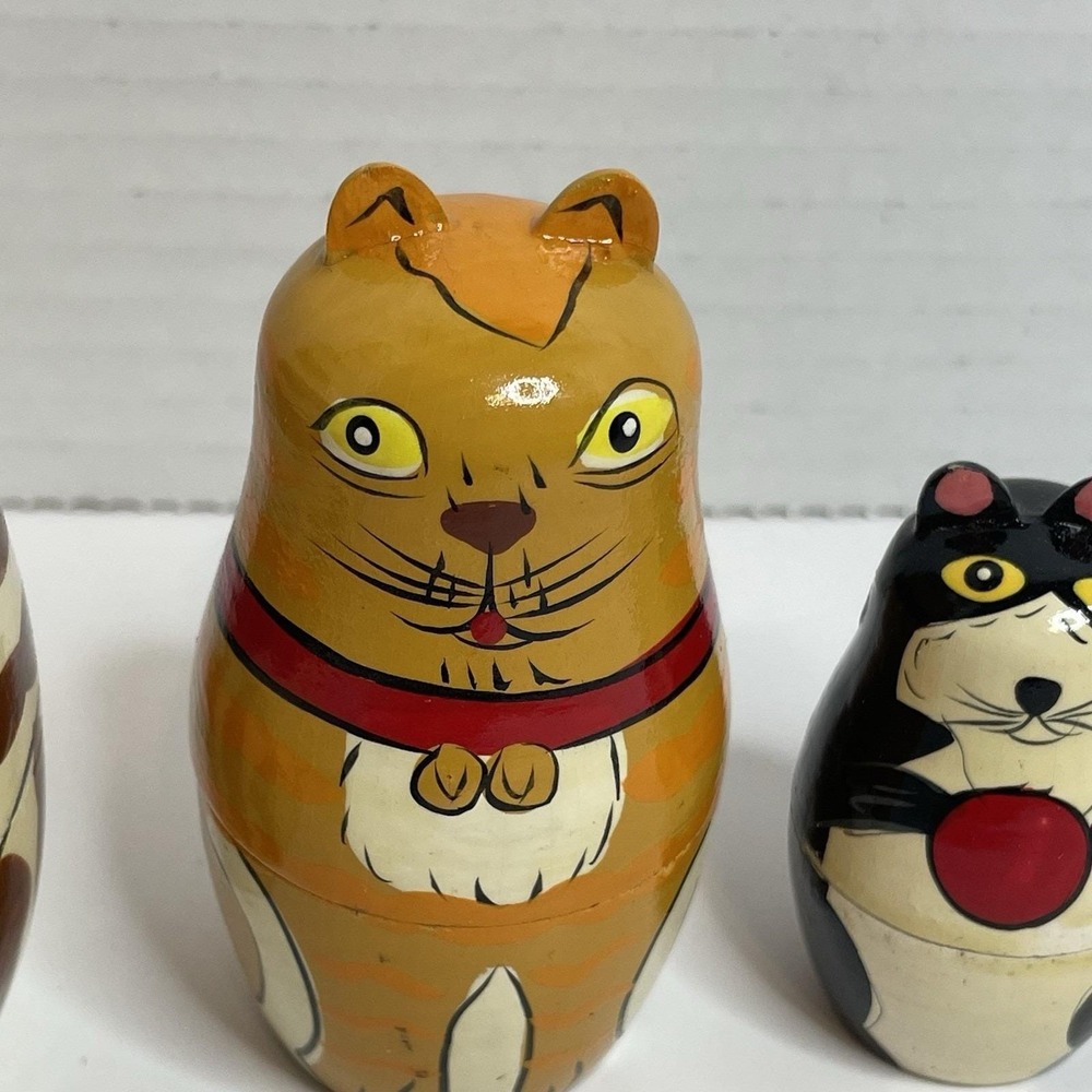 Cat Nesting Dolls Style Animal 5 Doll Set Wood Cat Kitten Kitty Yellow 7" Mouse - Picture 3 of 9